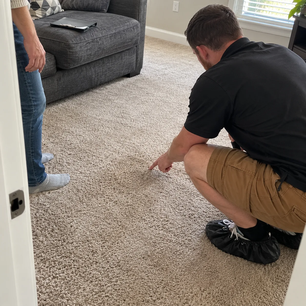 A carpet cleaning consultation in a living room