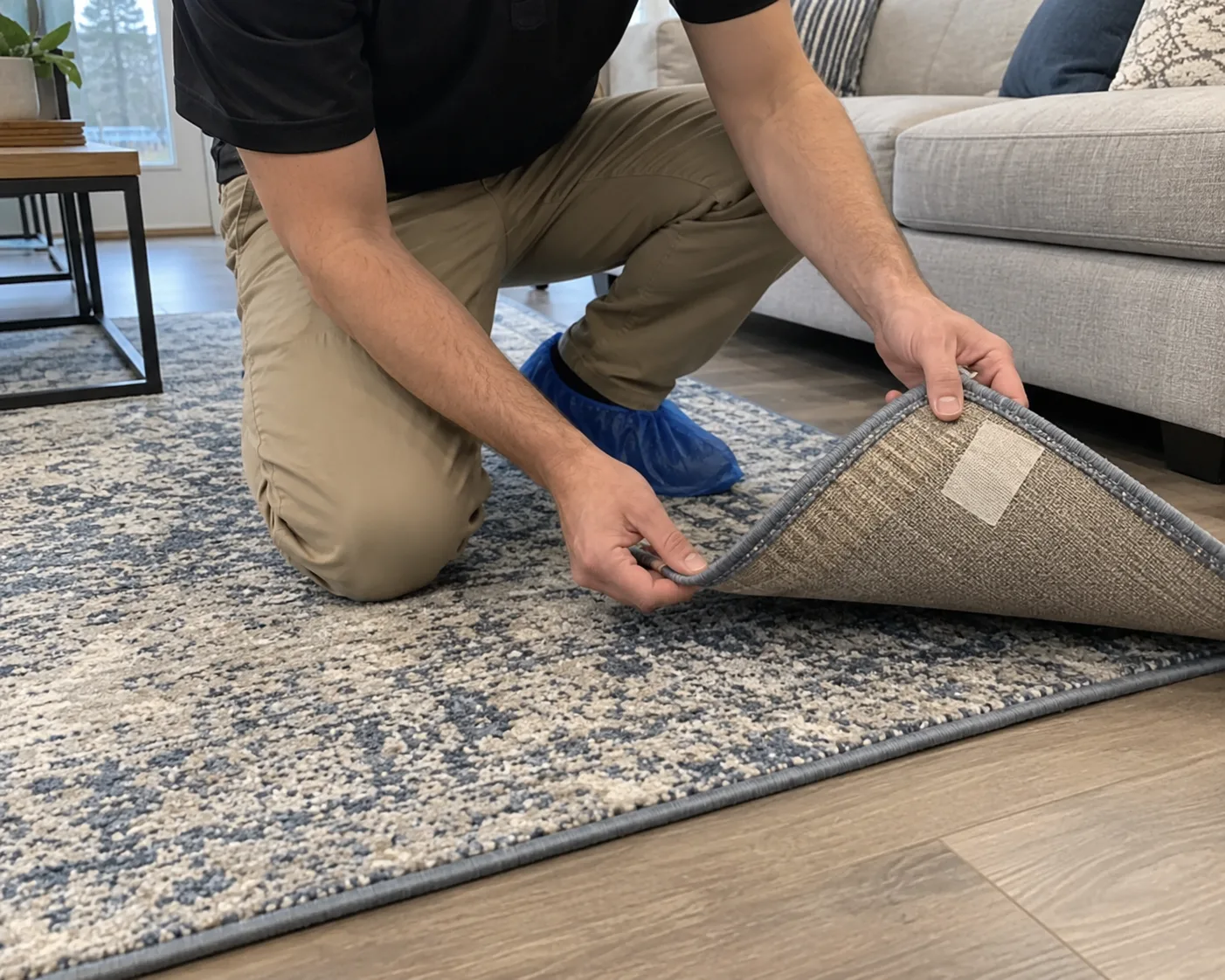 Inspecting an area rug before cleaning